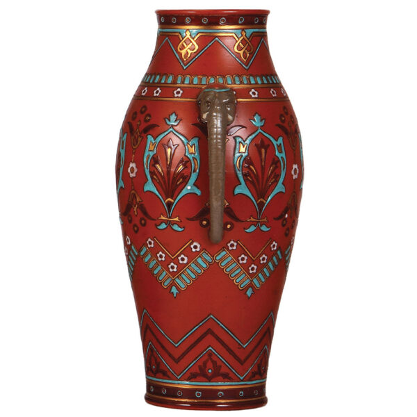 Mettlach vase, 13.5" ht., 1870 with elephant handles - Image 2