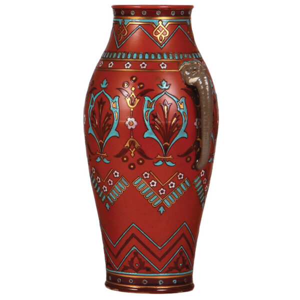 Mettlach vase, 13.5" ht., 1870 with elephant handles - Image 3