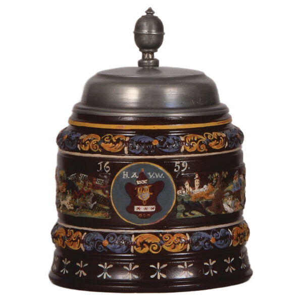 Stoneware stein, 1.0L, relief, Creussen, made late 1800s