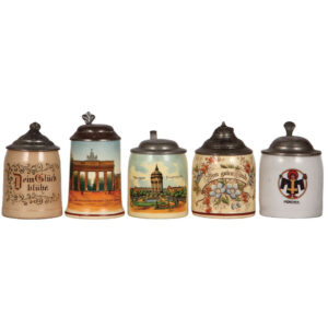 Miniature steins (five), 3.5" to 4.2" ht.