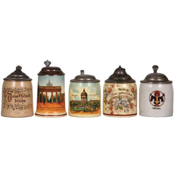 Miniature steins (five), 3.5" to 4.2" ht.