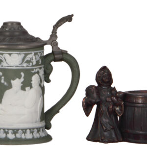 Porcelain stein, .5L, relief, card game & monks drinking; with, Munich Child inkwell