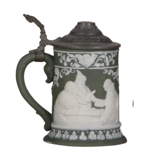 Porcelain stein, .5L, relief, card game & monks drinking; with, Munich Child inkwell - Image 2