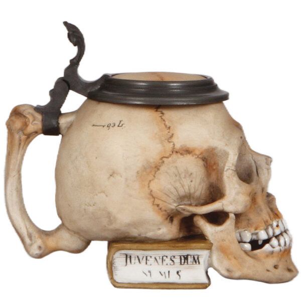 Character stein, .3L, marked E. Bohne & Söhne, Skull on Book - Image 3