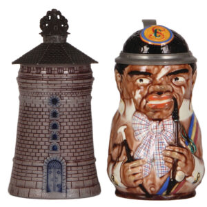 Character steins (two), .5L,  Nürnberg Tower,  with, .5L,  Black Fraternity student