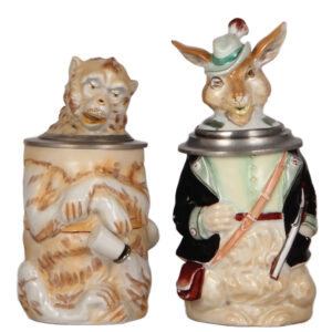 Character steins (two), .5L, Monkey; with, .5L, porcelain, Hunter Rabbit