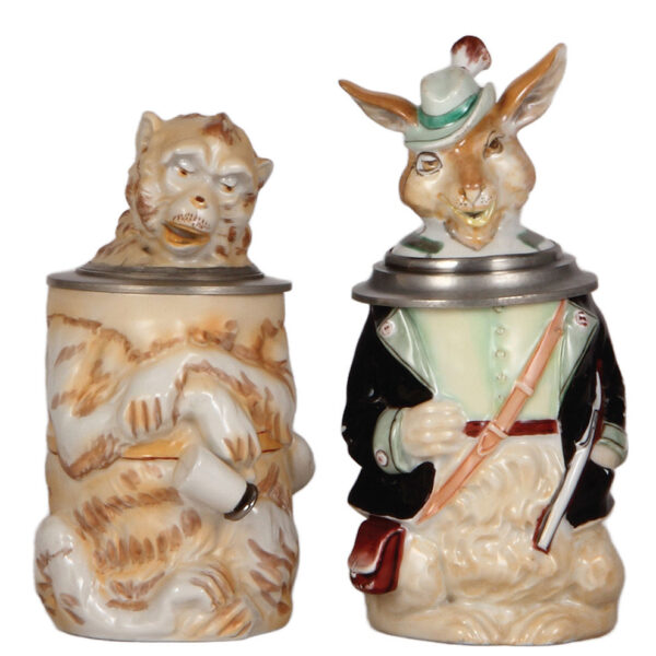 Character steins (two), .5L, Monkey; with, .5L, porcelain, Hunter Rabbit