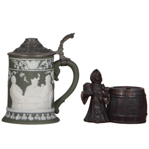 Porcelain stein, .5L, relief, card game & monks drinking; with, Munich Child inkwell