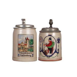Stoneware steins (two), .5L, transfer, Schlossbrauerei, Kaltenberg, Brau Geschossen