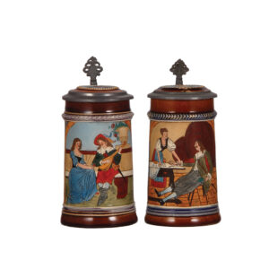 Pottery steins (two), .4L, etched, by J.W. Remy, #1297 & #1294