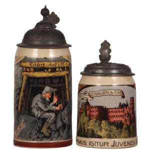 Mettlach steins (two), .5L, 980[1909], Glück Auf; with, .5L, 1218[1526], PUG, Heidelberg.