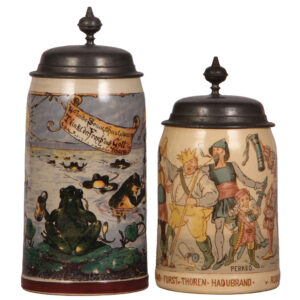 Mettlach steins (two), .5L, 1038[1909]; with, .5L, 715[1909].