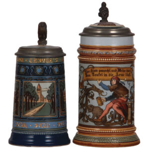 Mettlach steins (two), .5L, 2872 & .5L, 1947, etched.