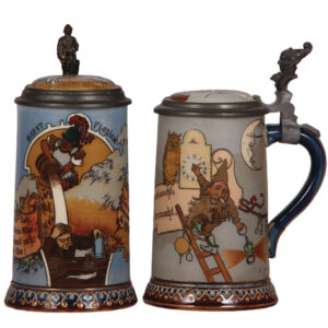 Mettlach steins (two), .5L, 2091, & .5L, 2092, etched, by H. Schlitt.
