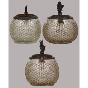 Glass steins (three), mold blown, inlaid copper lids.