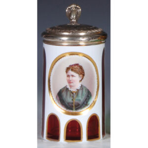 Glass stein, .5L, blown, white on ruby overlay.