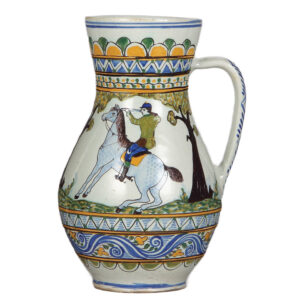 Faience stein, 10.5" ht., Austrian, marked: Gegr. 1760, stag and hunter.