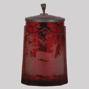 Glass stein, .5L, blown, ruby flashed, wheel-engraved, stag.
