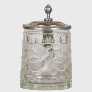 Glass stein, .5L, blown, porcelain inlaid lid with a view of a town.