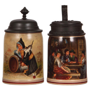 Pottery steins, two, .5L, Münchner Kindl, & Gasthaus scene.