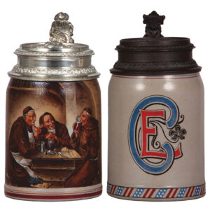 Stoneware steins, two, .5L, monks drinking & by Martin Pauson, München.