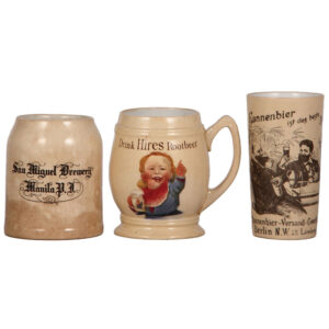 Mettlach mugs, three.