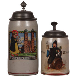 Stoneware steins, two, 1.0L, Gruss aus München, & .5L, by Martin Pauson.