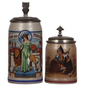 Stoneware steins, two, 1.0L, Gruss aus München & .5L, by Martin Pauson.