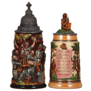 Pottery steins, two, .4L, soldiers,  & .5L, monkeys.
