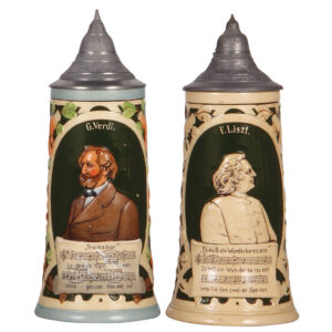 Pottery steins (two), .5L, G. Verdi, & F. Liszt.