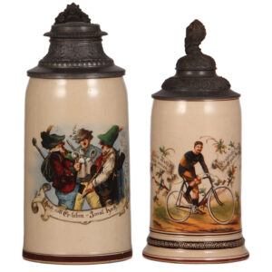 Pottery steins (two), 1.0L, men toasting, .5L, man on bicycle.