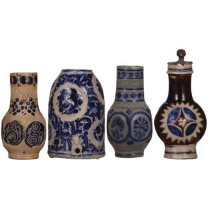 Stoneware steins (four), Westerwald, late 1600s to mid 1700s.