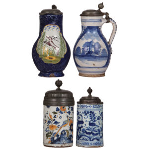 Four faience steins, 9.3" ht. to 10.3" ht.