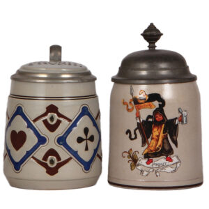 Stoneware steins, two, .5L, cards, and Münchener Kindl.