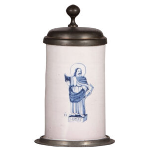Faience stein, 9.6'' ht., mid 1700s, Walzenkrug, S. Judas.