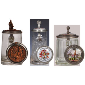 Glass steins, three, .5L, pewter lid with brass insert ......