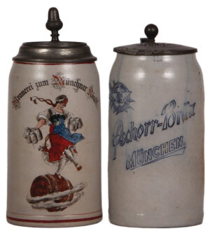 Brewery steins, two, 1.0L, Brauerei zum Münchner Kindl & Pschorr - Bräu, München.