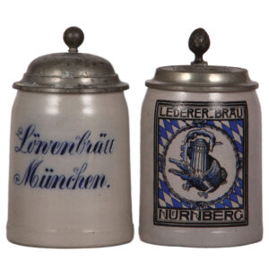 Brewery steins, two, .5L, Löwenbräu München & Lederer = Bräu Nuernberg, Reichsparte, Tag 1937.