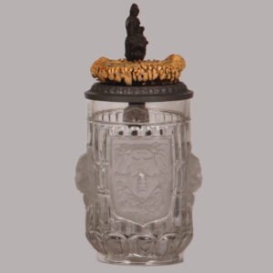 Glass stein, .5L, mold blown, faces, pewter lid with carved horn.
