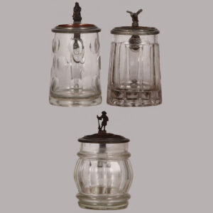 Glass steins, three, .5L, blown, inlaid copper lids.