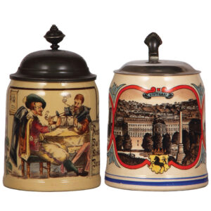 Mettlach steins, two, .5L, 603[1526] & .5L, 1526, Stuttgart.