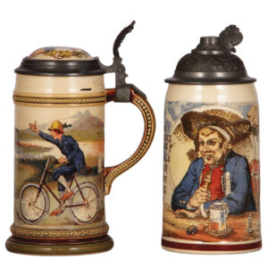 Mettlach steins, two, .5L, 952[2140] & .5L, 1074[1909].