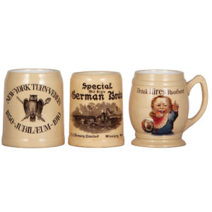 Mettlach mugs, three, New-York Turn-Verein, Special Old Style, Drink Hires.