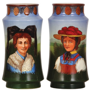 Mettlach vases, pair, 10.6" ht., 275[2613] & 276[2613].