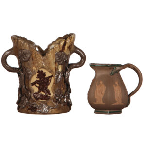Mettlach earlyware, two, vase, 4.8" ht., & pitcher, 3.0" ht.
