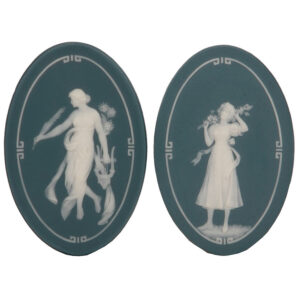 Mettlach plaques, two, 7070-1, 7085, phanolith.