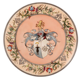 Mettlach plaque, 13.8" d., 1044, coat-of-arms.