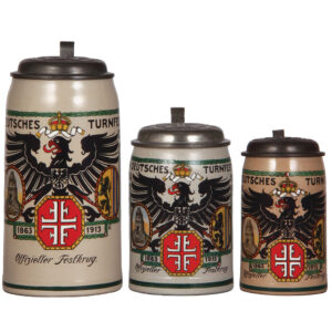 Franz Ringer steins, three, stoneware, XII. Deutsches Turnfest, Leipzig, 1913.