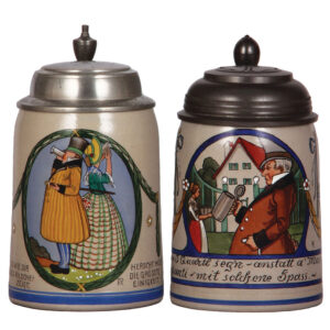 Franz RInger steins, two, both stoneware, .5L.