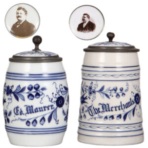 Porcelain steins, two, .5L, Ed Maurer,  &, .5L, The Merchants.